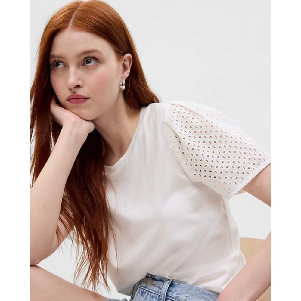 Women's Gap Organic Cotton Vintage Eyelet Puff Sleeve T-Shirt | Sz L  NWOT